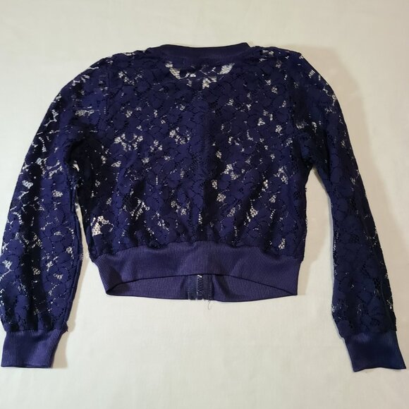 Beautees Girls Blue Lace Bomber Jacket Size 7 Floral Zip-Up Lightweight Layer - Picture 2 of 6